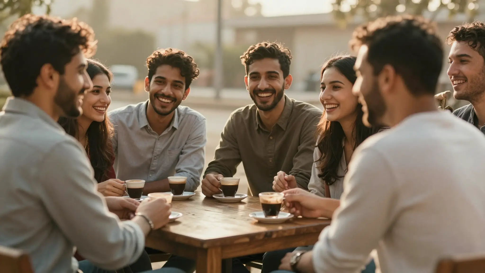 مجموعة من الأصدقاء يجتمعون في جلسة ودّية يتبادلون الحديث والضحك حول فناجين القهوة، تجسيداً لمعنى الصداقة الحقيقية والرفقة الطيّبة